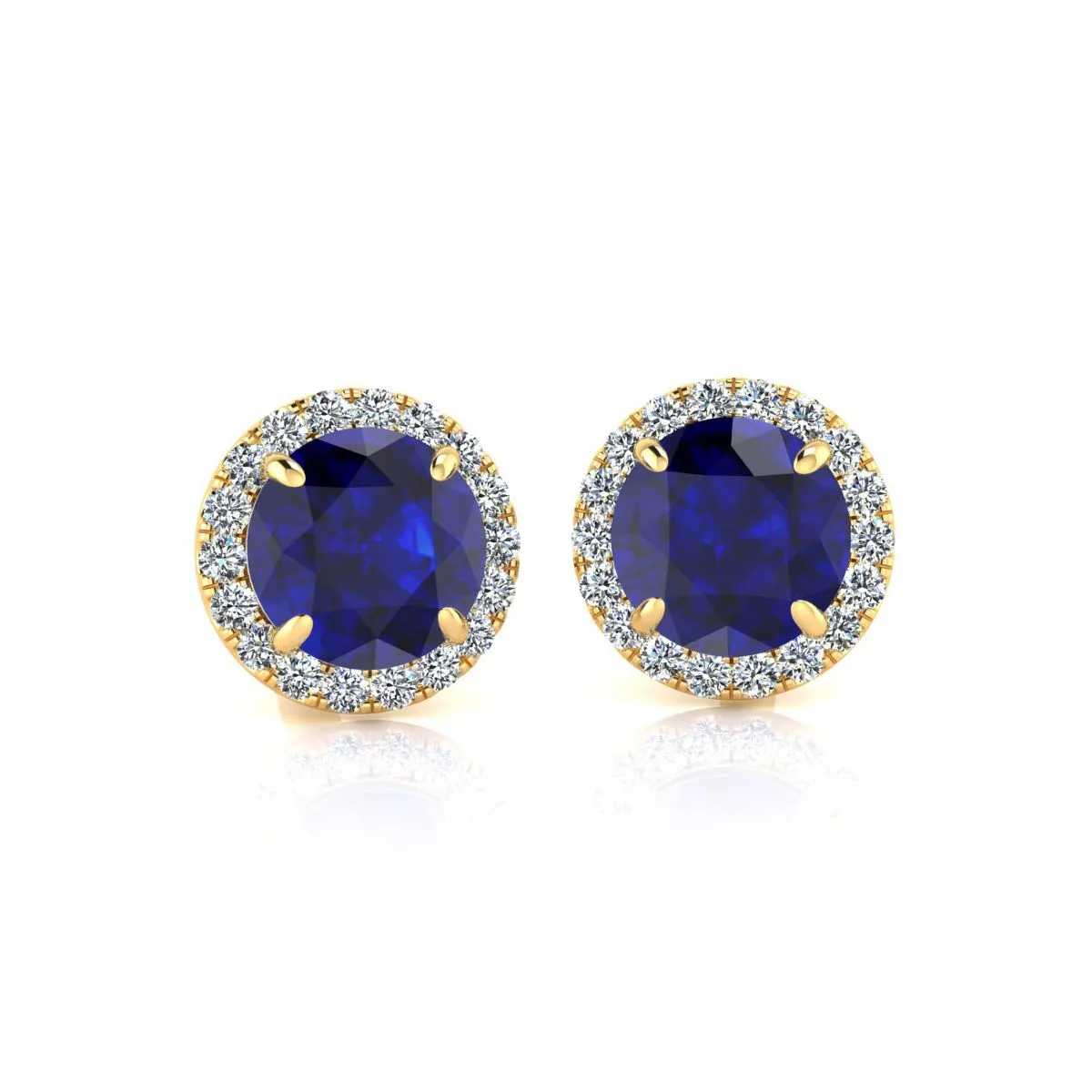 1 1/3 Carat Round Shape Sapphire And Halo Diamond Earrings In 14 Karat Yellow Gold