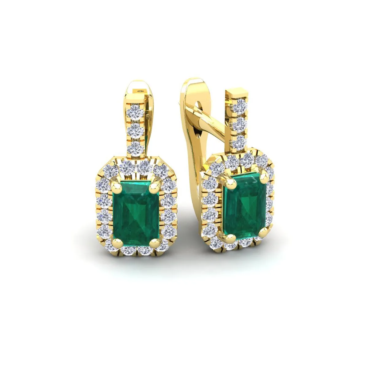 1 2/3 Carat Emerald And Halo Diamond Dangle Earrings In 14 Karat Yellow Gold