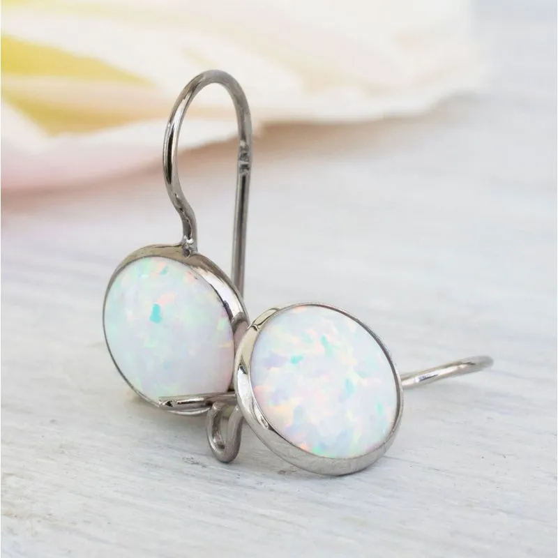 14K White Gold White Opal Classic Earrings 8mm