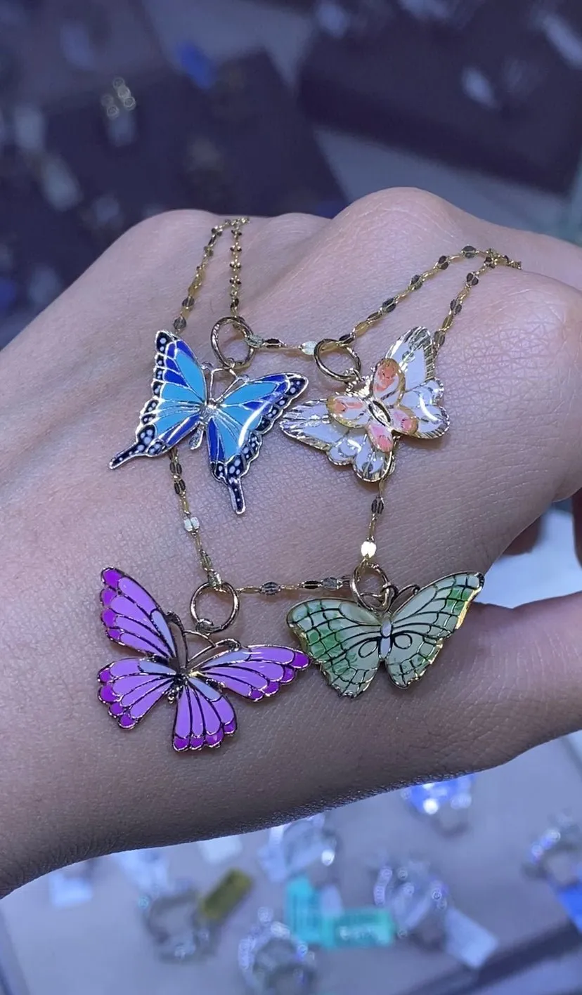 14K Yellow Gold Butterfly Enamel Necklace