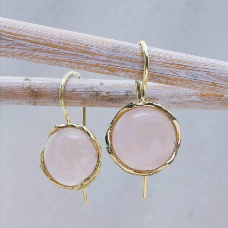 14K Yellow Gold Round Pink Rose Quartz 12mm Dangle Earrings