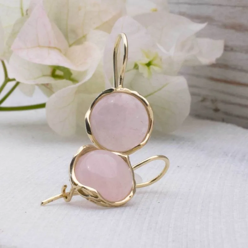 14K Yellow Gold Round Pink Rose Quartz 12mm Dangle Earrings