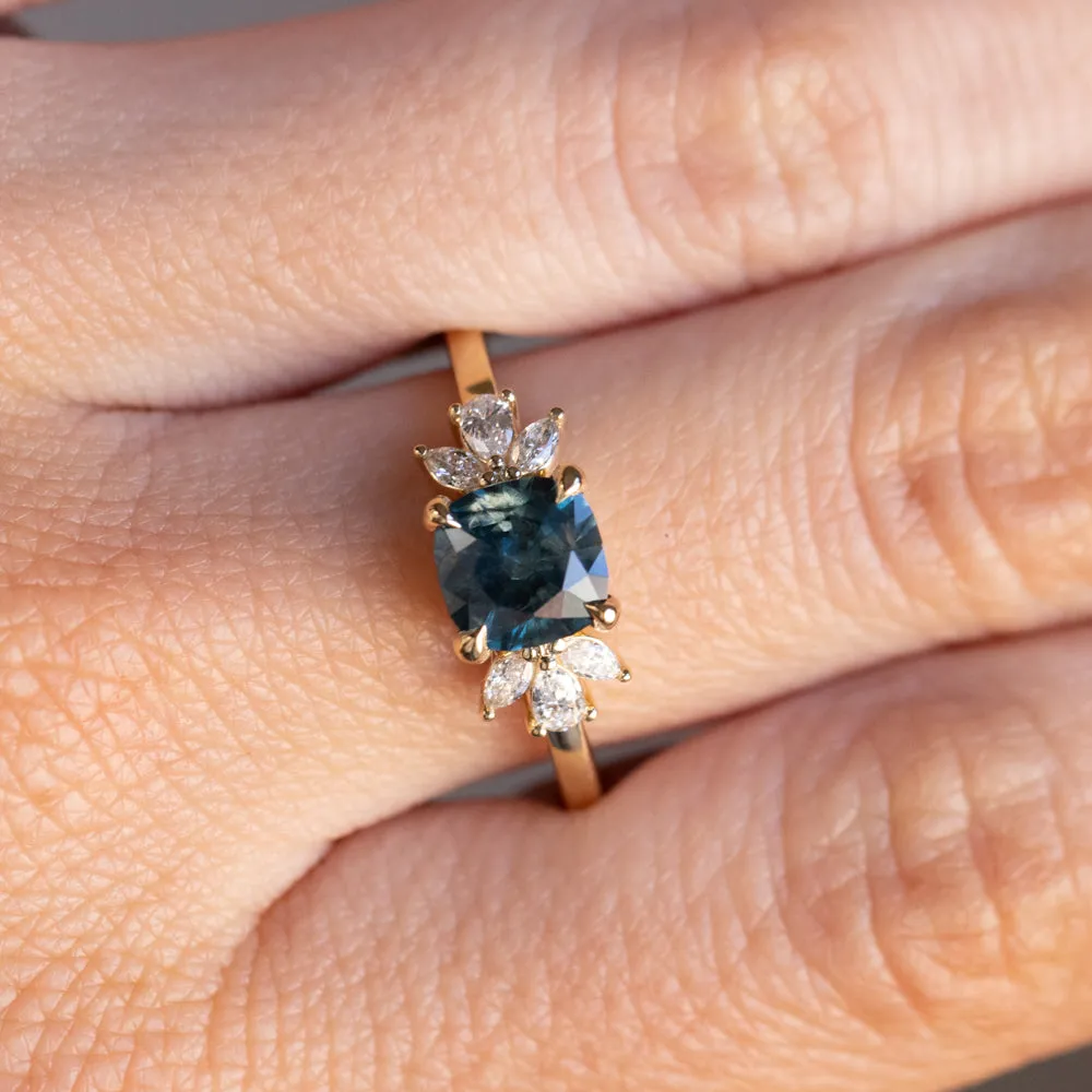 1.57ct Blue Montana Sapphire Cushion Cut and Lab Grown Marquise Diamond Cluster Ring in 14k Yellow Gold