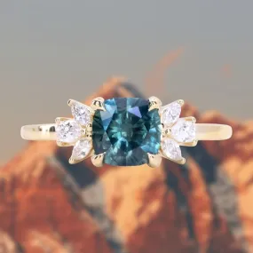 1.57ct Blue Montana Sapphire Cushion Cut and Lab Grown Marquise Diamond Cluster Ring in 14k Yellow Gold