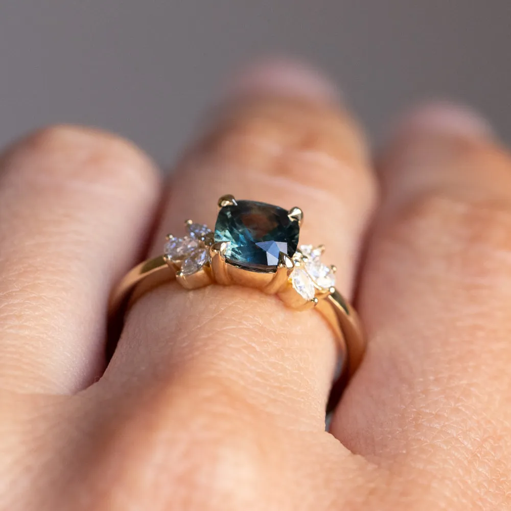 1.57ct Blue Montana Sapphire Cushion Cut and Lab Grown Marquise Diamond Cluster Ring in 14k Yellow Gold