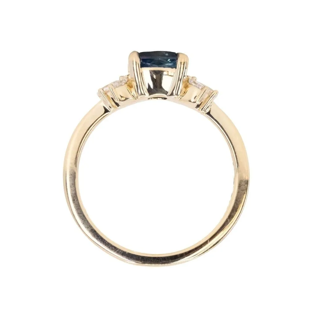 1.57ct Blue Montana Sapphire Cushion Cut and Lab Grown Marquise Diamond Cluster Ring in 14k Yellow Gold