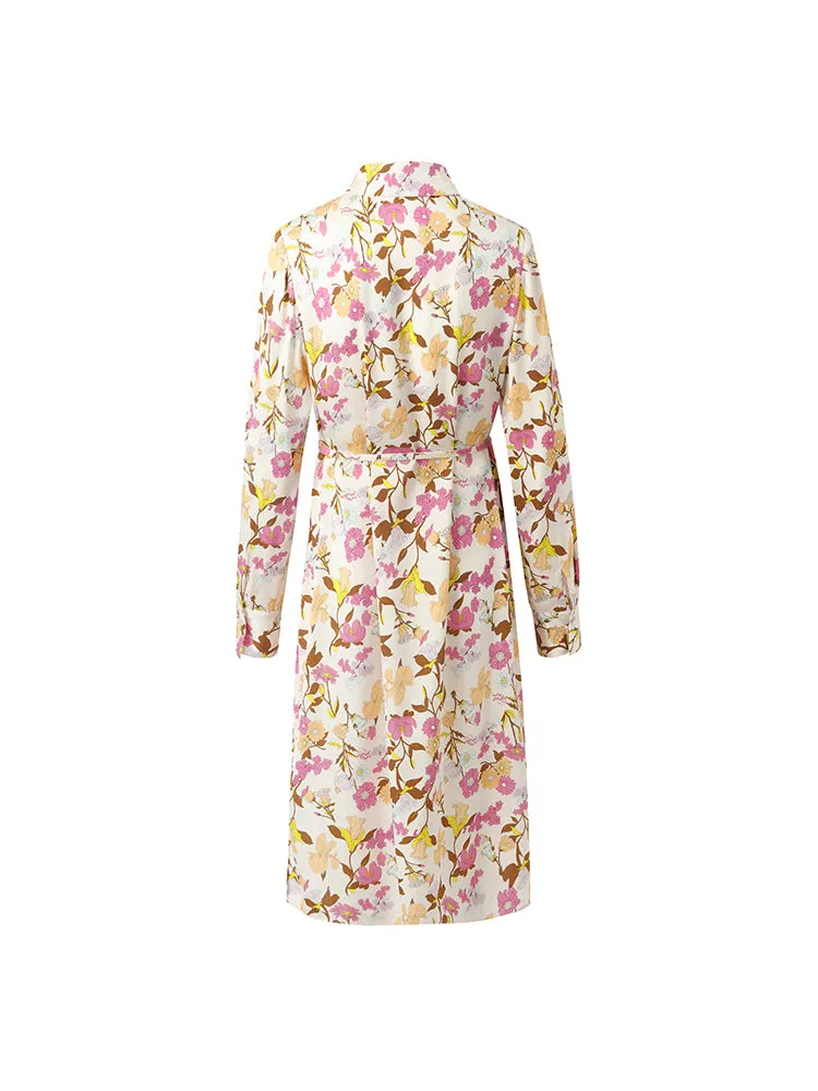 19 Momme Mulberry Silk Floral Printed Women Midi Dress With Belt