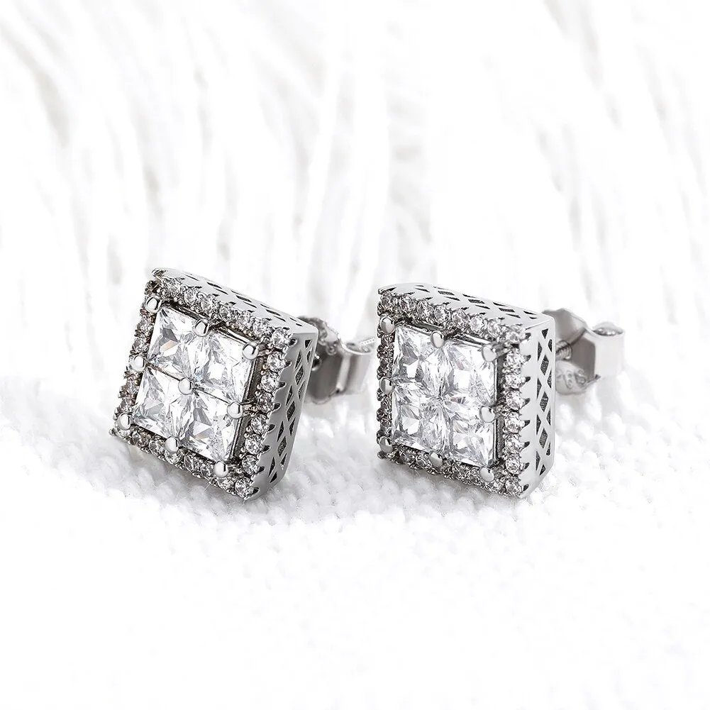 9mm Baguette Stud Iced Out Cubic Zirconia Classic Earrings for Women