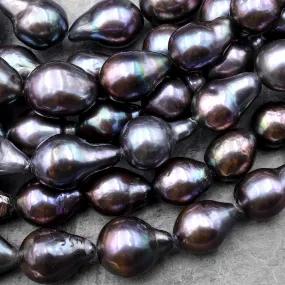 AAA Large Genuine Black Edison Freshwater Pearl Iridescent High Luster Pearl Aka Baroque Flame Ball 15.5" Strand