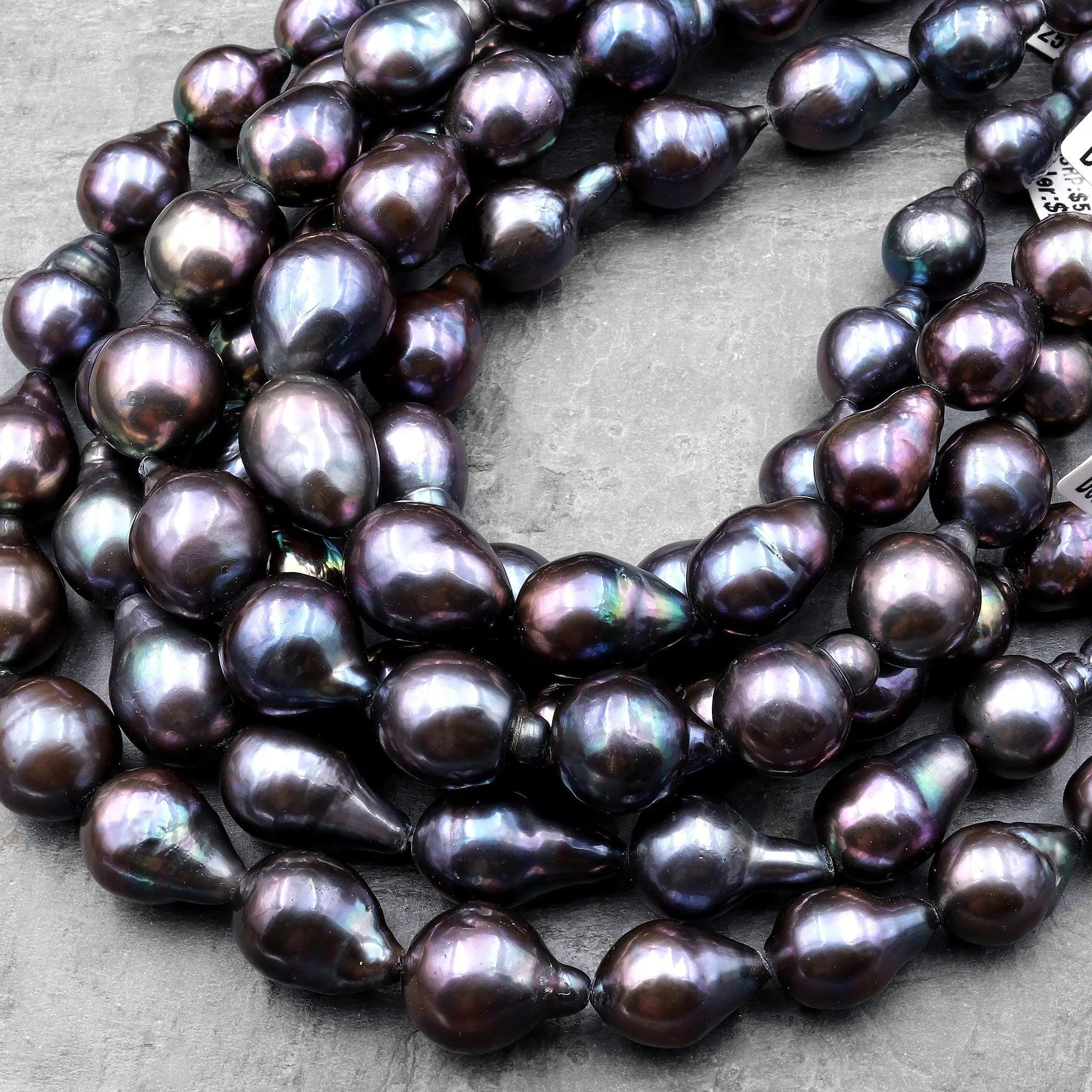 AAA Large Genuine Black Edison Freshwater Pearl Iridescent High Luster Pearl Aka Baroque Flame Ball 15.5" Strand