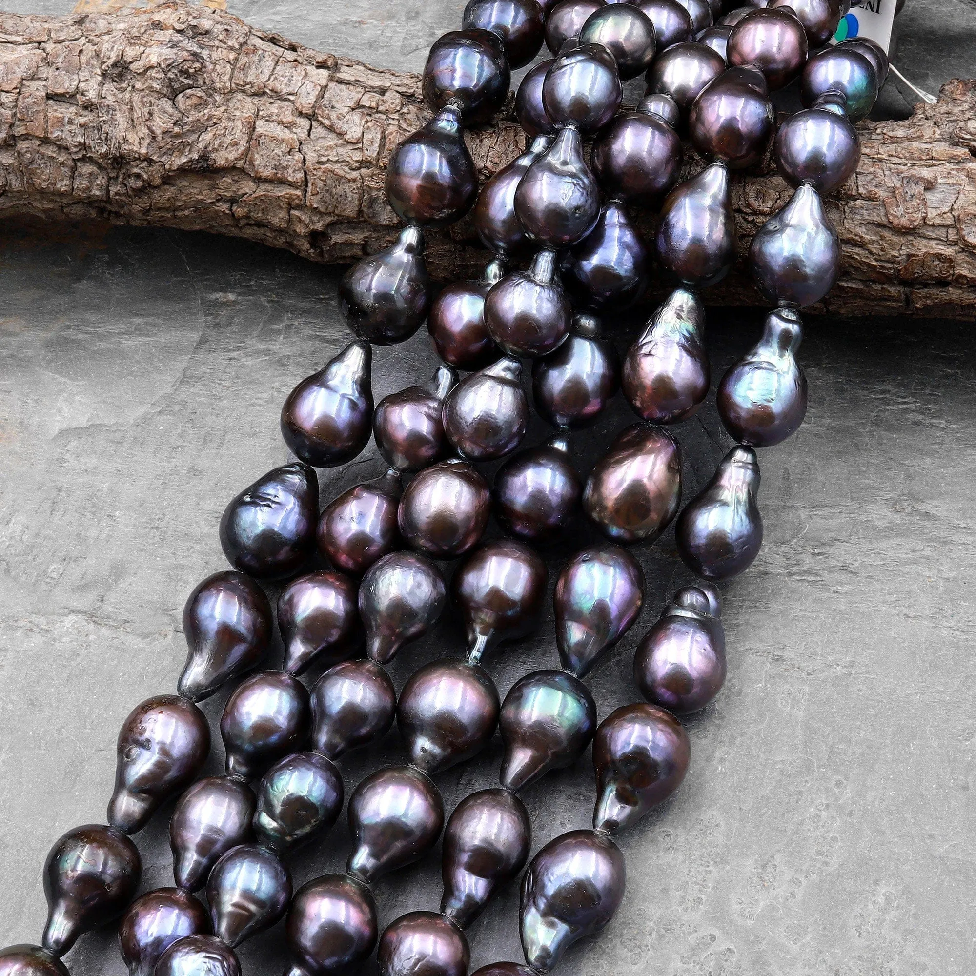 AAA Large Genuine Black Edison Freshwater Pearl Iridescent High Luster Pearl Aka Baroque Flame Ball 15.5" Strand