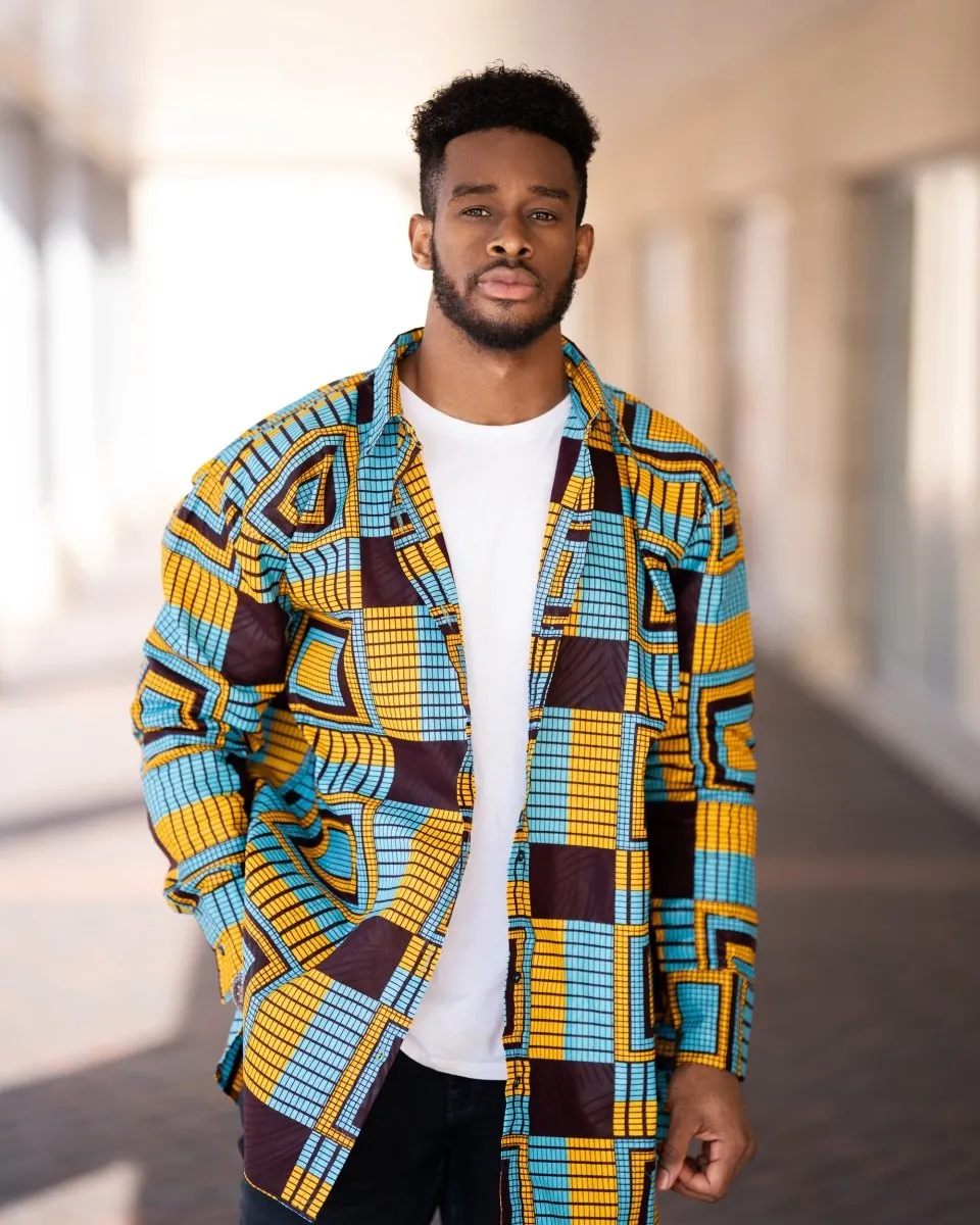 African Shirt In Electric Blue Kente