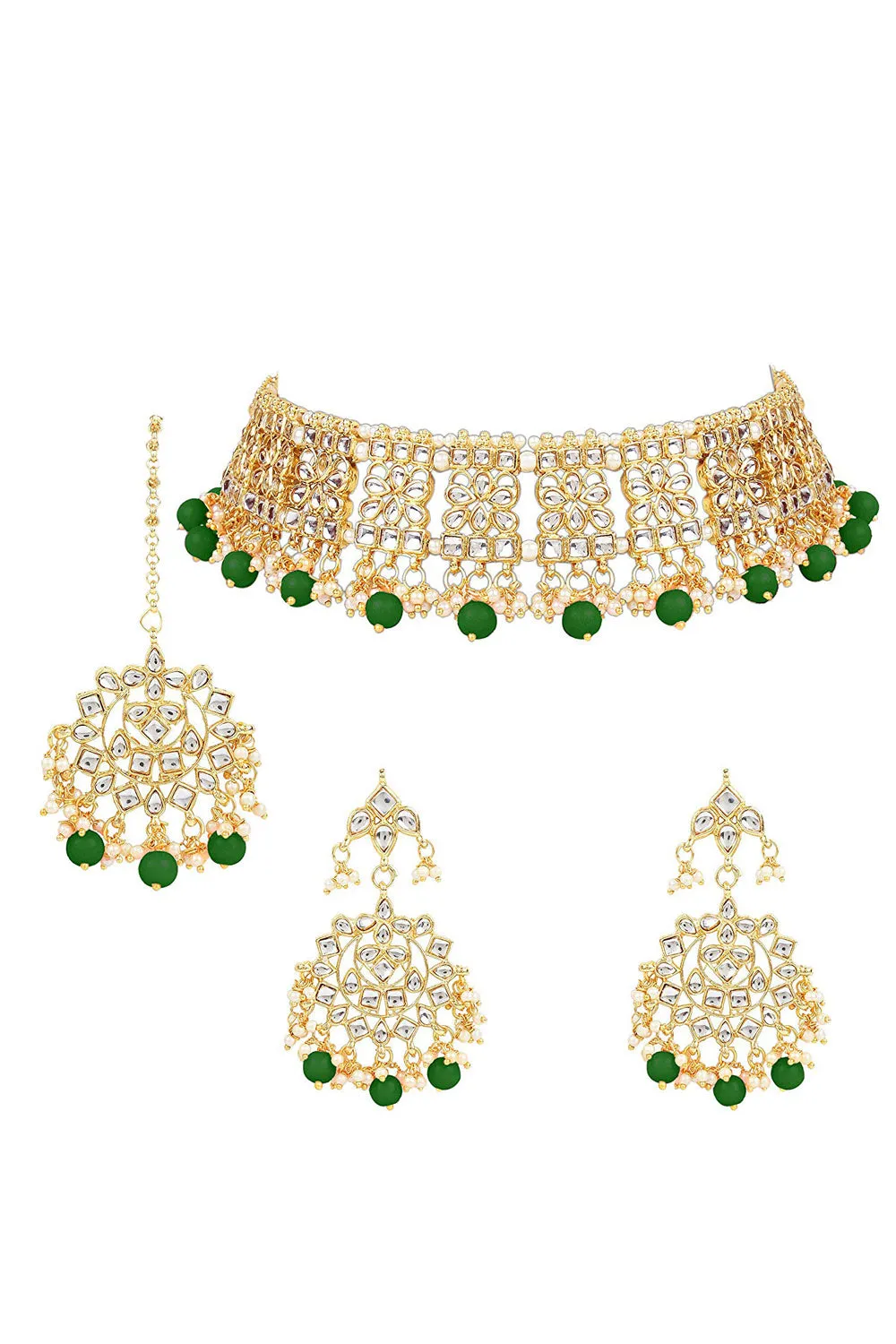 Alloy Necklace with Earrings and Maang Tikka in green