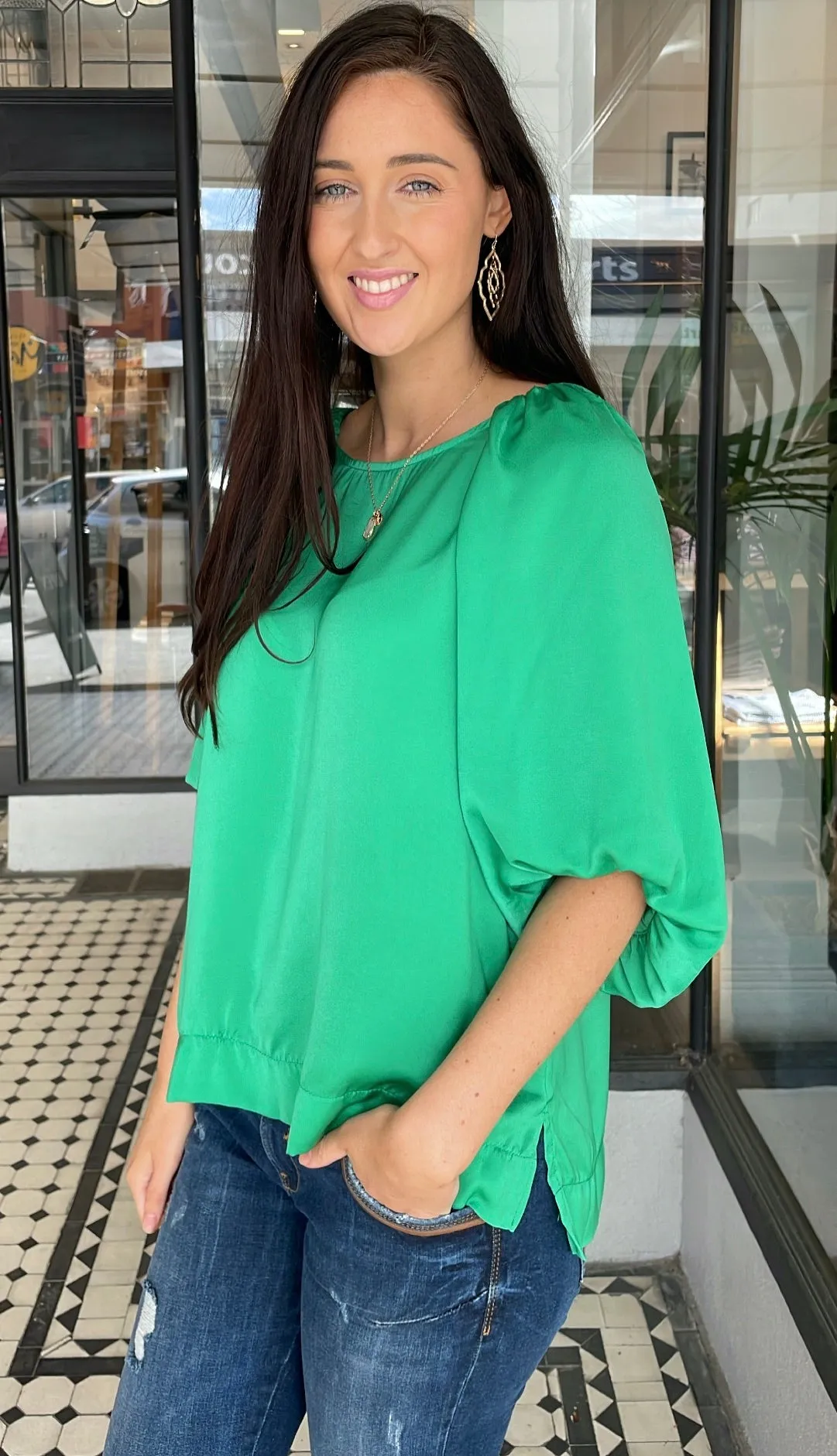 Amalia Balloon Sleeve Top Kelly Green