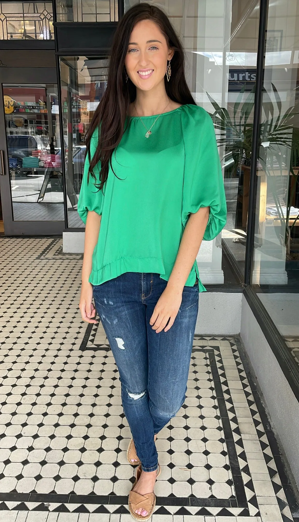 Amalia Balloon Sleeve Top Kelly Green