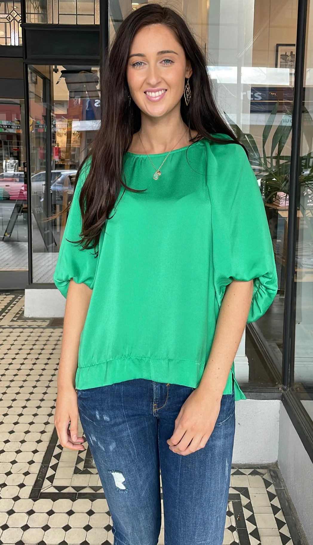 Amalia Balloon Sleeve Top Kelly Green