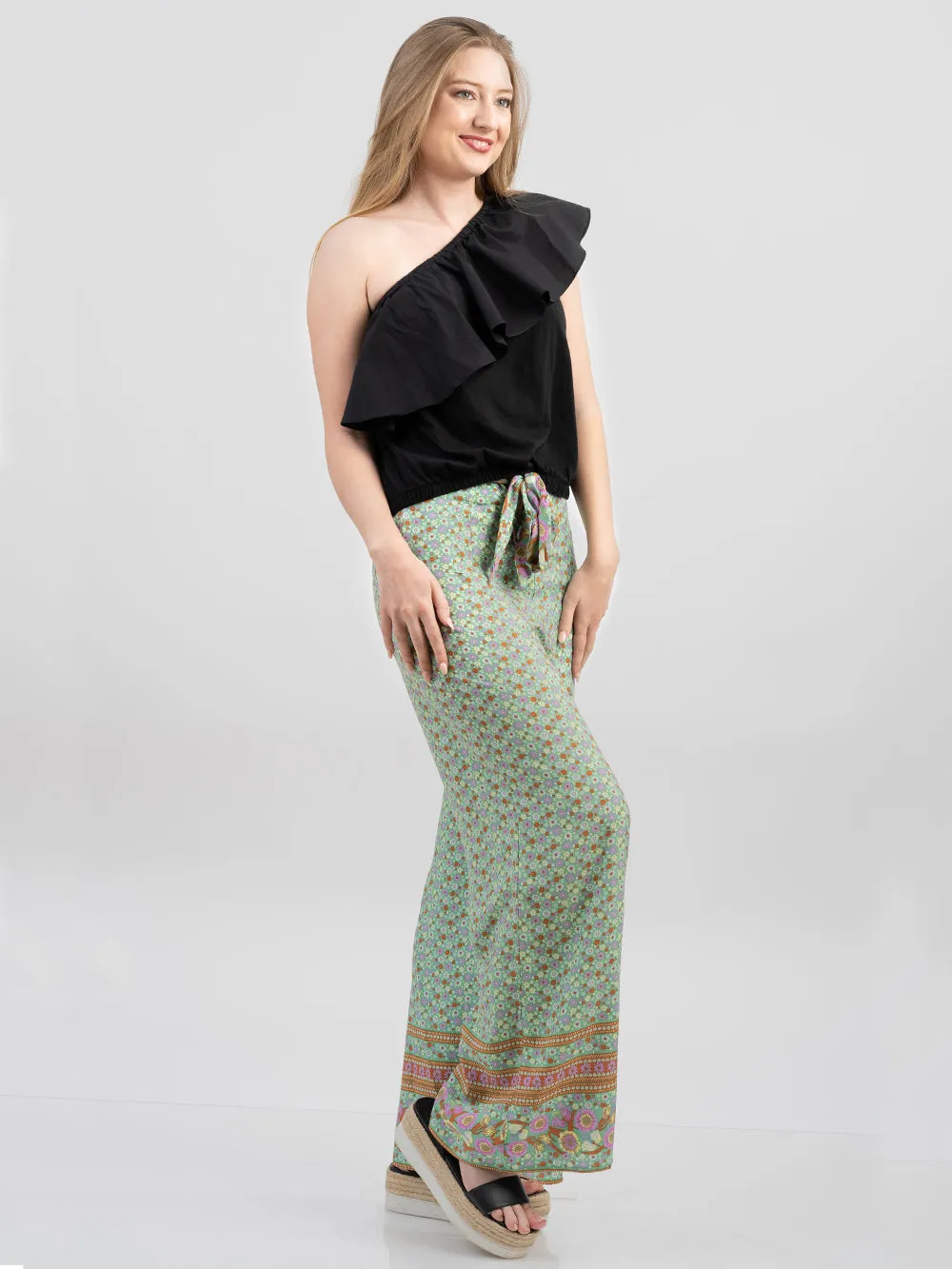 American Bling Women Floral Print Tie Waist Wide Leg Pants