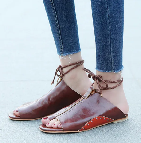 Ankle Strap Soft Leather Flat Sandals