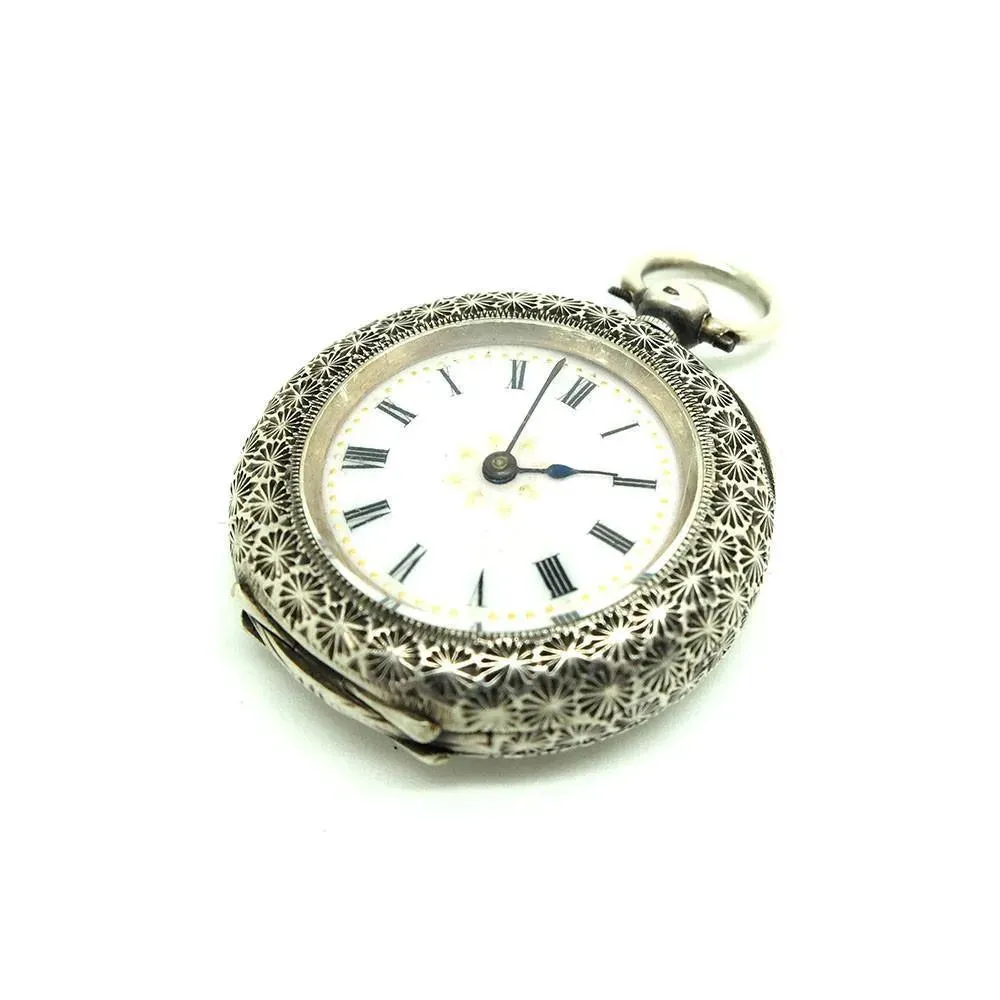 Antique 1888 Swiss Sterling Silver & Pink Enamel Pocket Watch