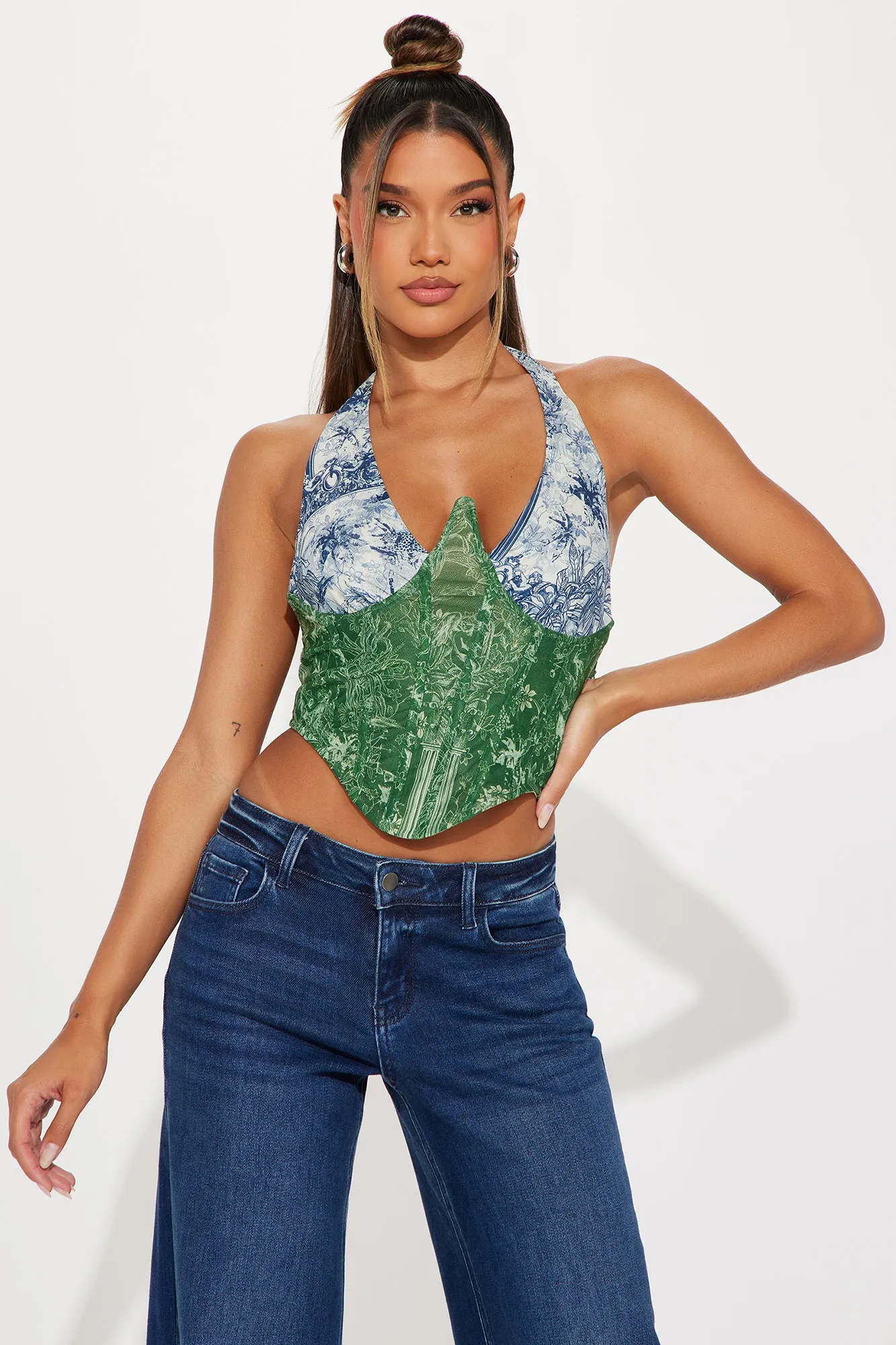 Arianna Halter Corset Top - Green/combo