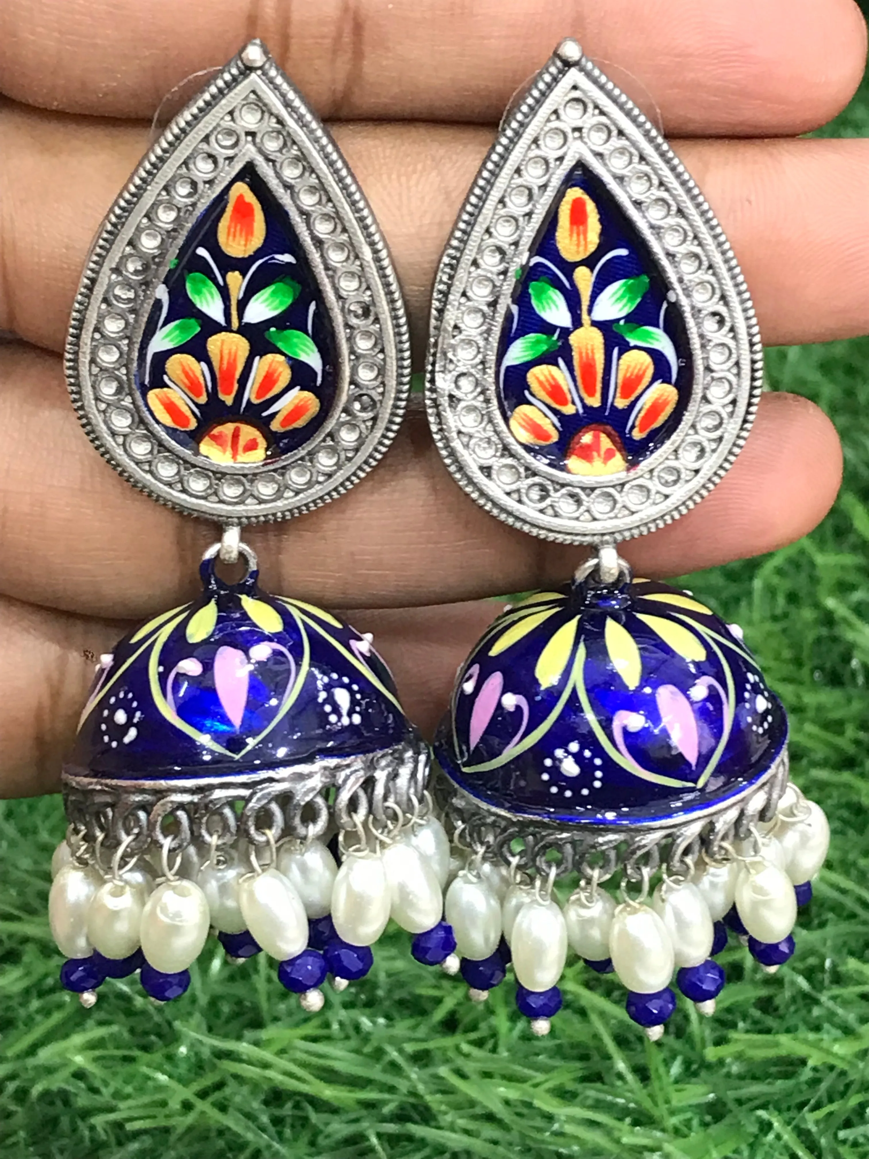 Attractive Blue Enameled Floral Design Silver Oxidized Jhumka Earrings With Pearl Drop