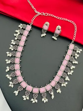 Attractive Light Pink Color Stone Beaded Floral Designed Silver Plated Oxidized Necklace Set With Earrings