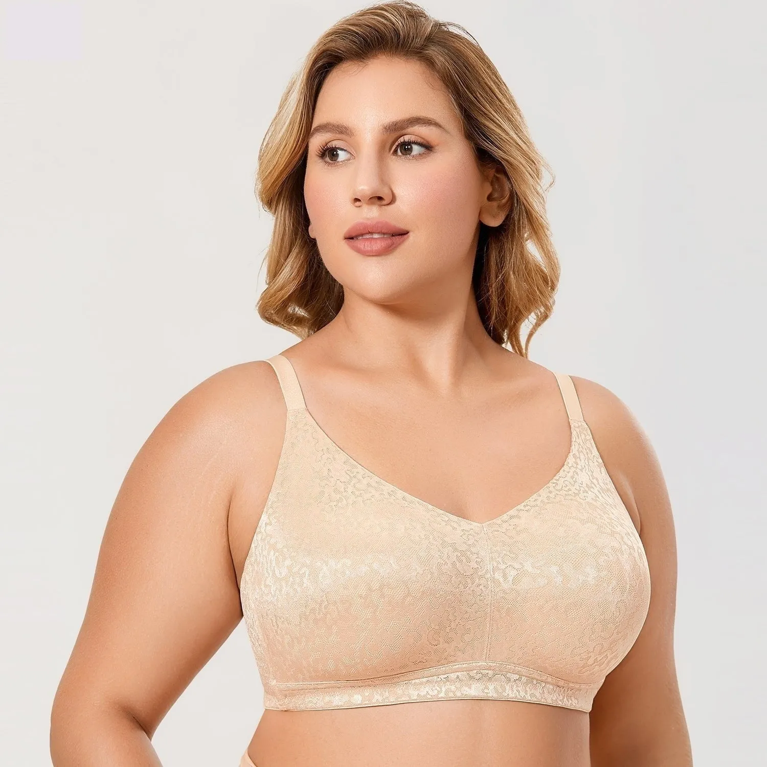 Beige Floral Jacquard Full-Coverage Wire-Free Unlined Bra for Women