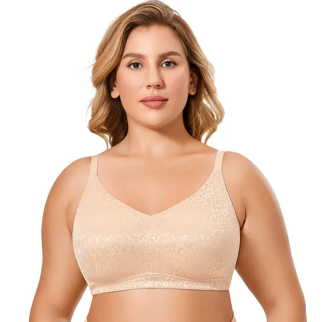 Beige Floral Jacquard Full-Coverage Wire-Free Unlined Bra for Women