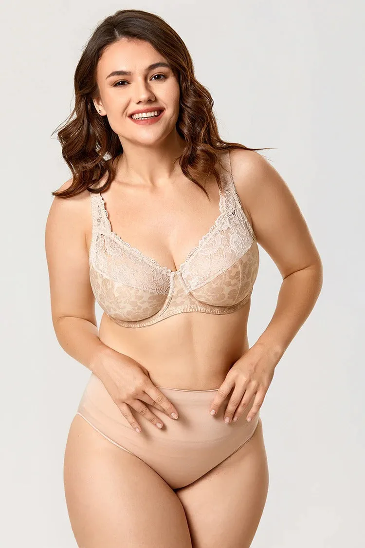 Beige Hibiscus Lace Non-Padded Full-Figure Underwire Bra for Women