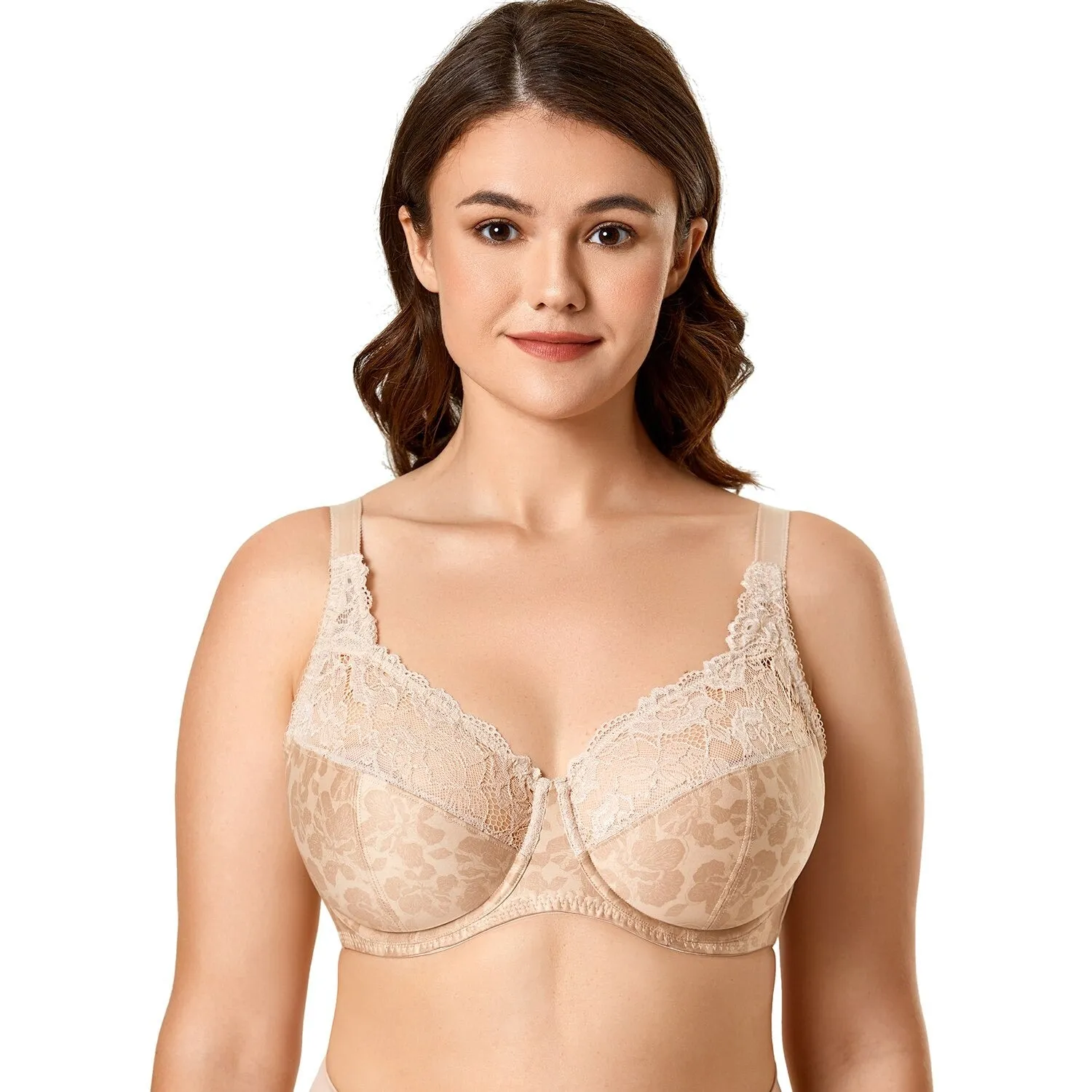 Beige Hibiscus Lace Non-Padded Full-Figure Underwire Bra for Women