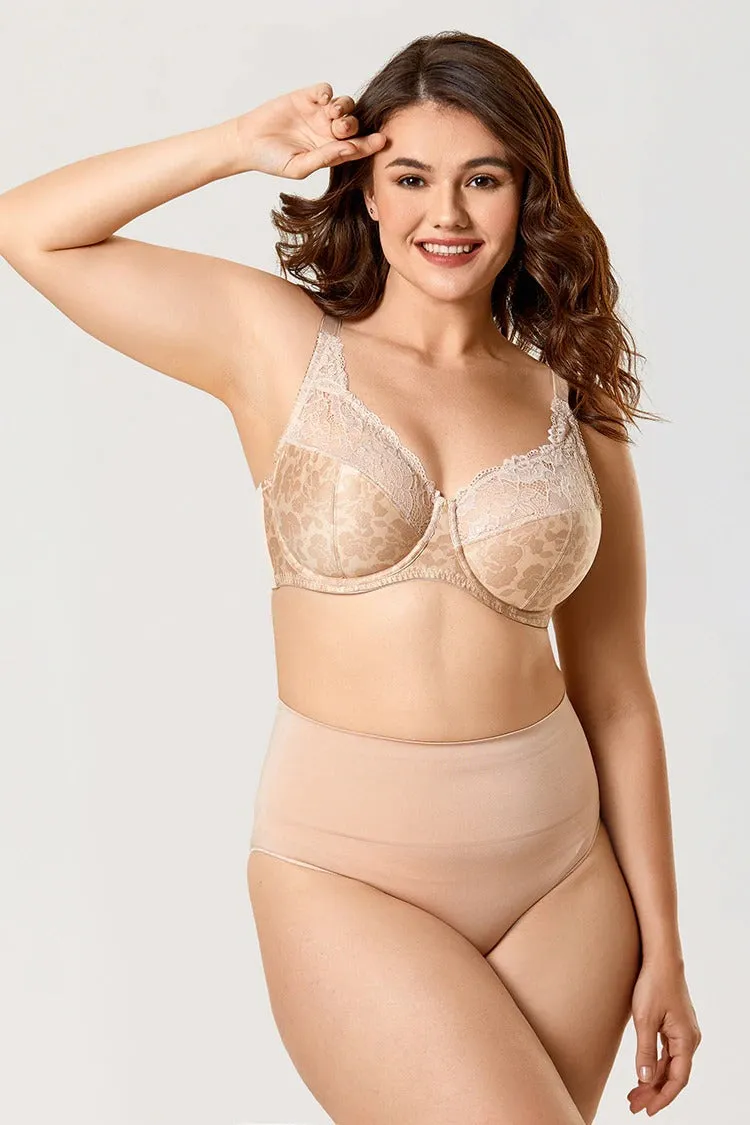 Beige Hibiscus Lace Non-Padded Full-Figure Underwire Bra for Women