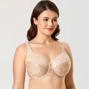 Beige Hibiscus Lace Non-Padded Full-Figure Underwire Bra for Women