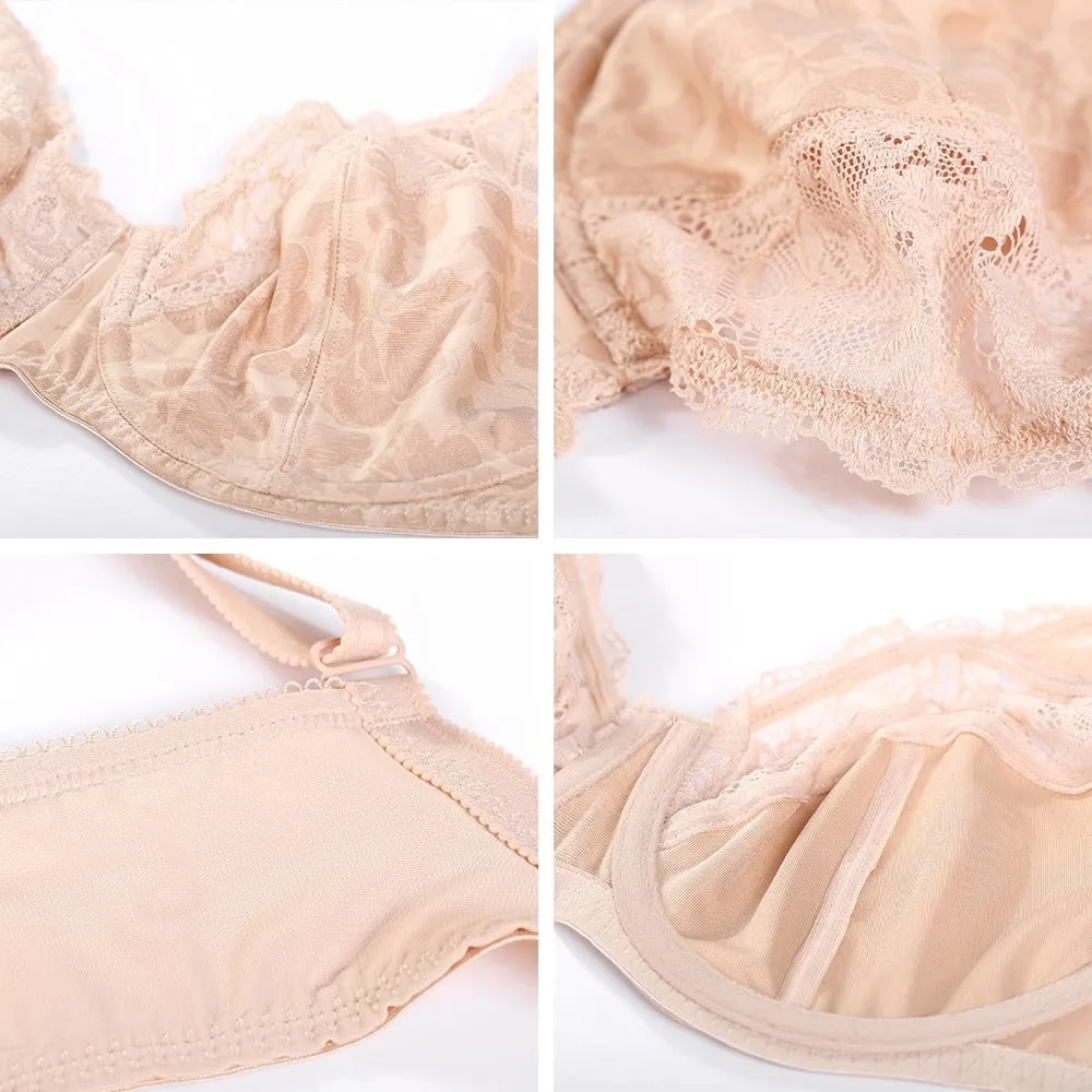 Beige Hibiscus Lace Non-Padded Full-Figure Underwire Bra for Women