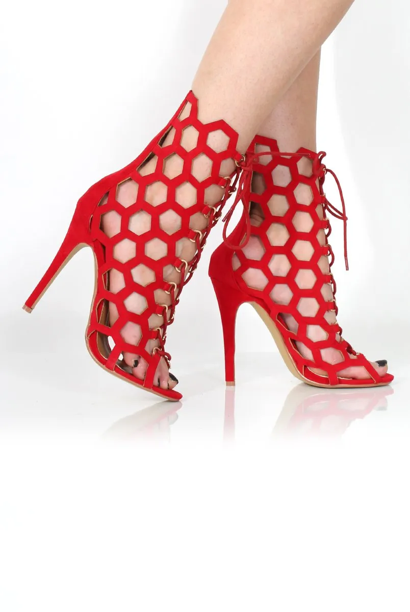 Bella Red Suede Caged Lace Up Heels