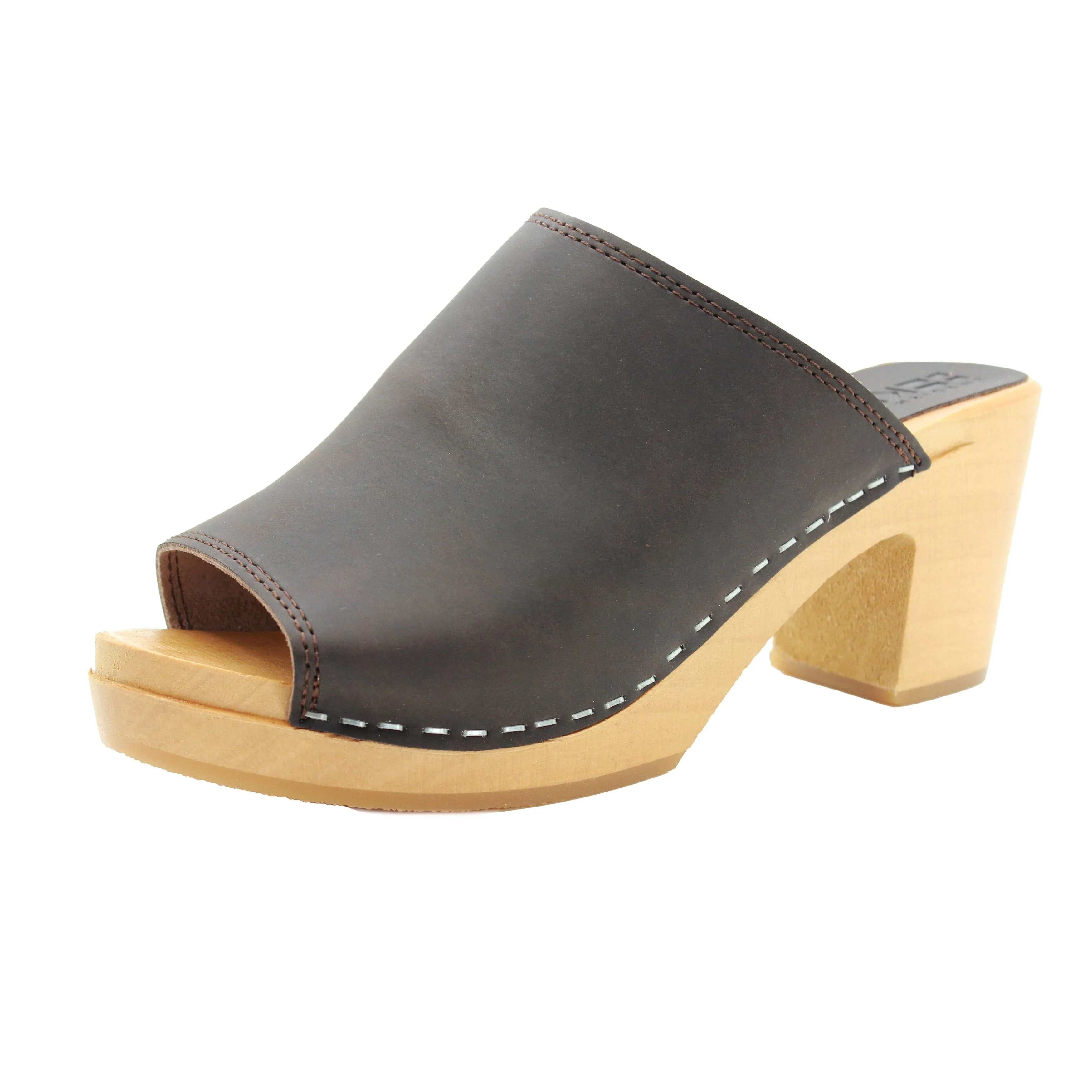 BJORK Thali Mid-heel Leather Peep Toe Wooden Clog Sandals