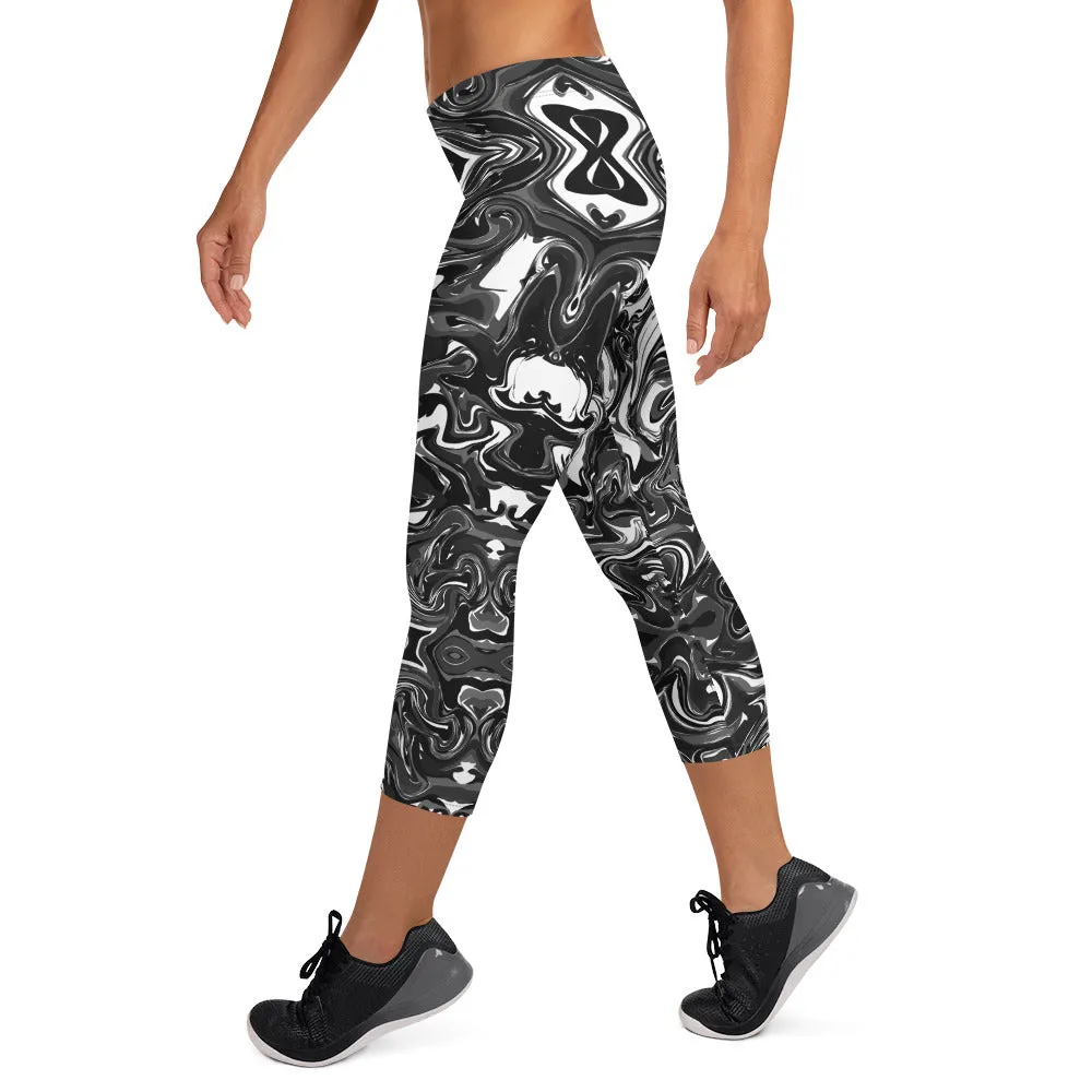 Black Marbled Capri Leggings, Marble Print Women's Abstract Capris Tights-Made in USA/EU