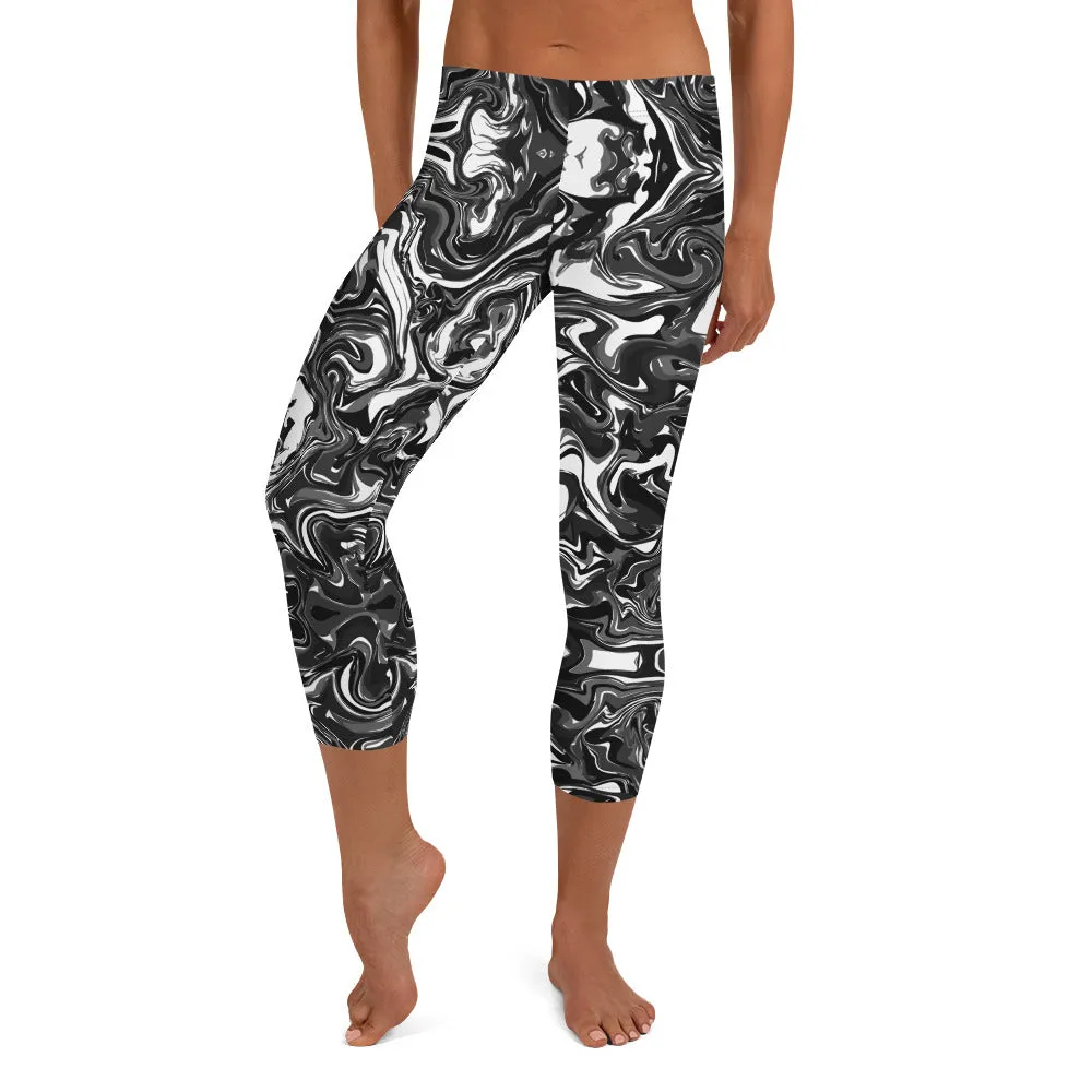 Black Marbled Capri Leggings, Marble Print Women's Abstract Capris Tights-Made in USA/EU