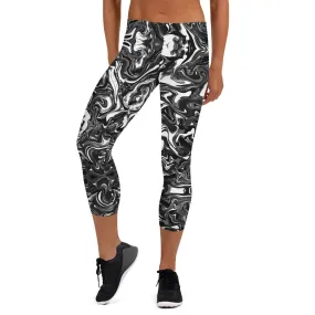 Black Marbled Capri Leggings, Marble Print Women's Abstract Capris Tights-Made in USA/EU