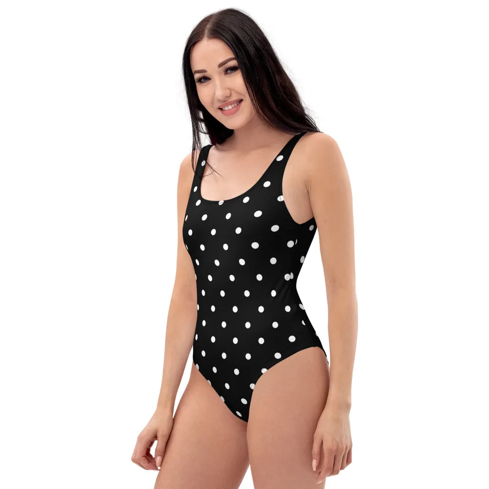 Black White Dots Swimwear, Classic Polka Dot One-Piece Women's Swimsuit-Made in USA/EU