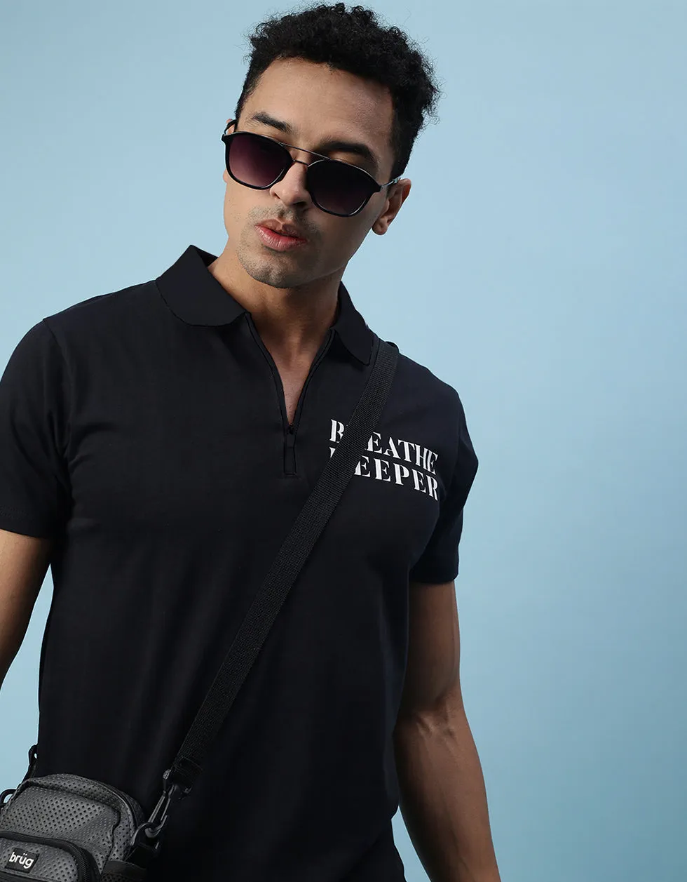 Breath Deeper Black Pocket Typographic Printed Polo T-shirt