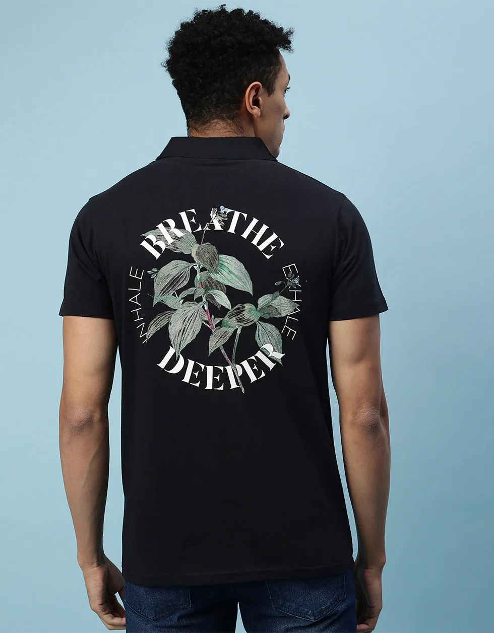 Breath Deeper Black Pocket Typographic Printed Polo T-shirt