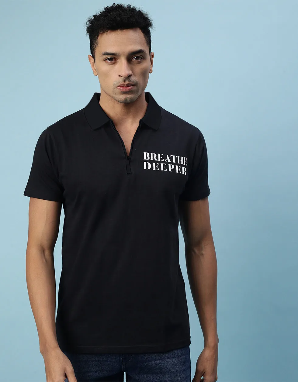 Breath Deeper Black Pocket Typographic Printed Polo T-shirt