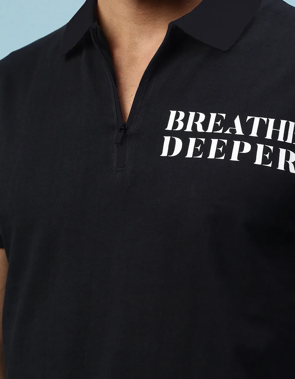 Breath Deeper Black Pocket Typographic Printed Polo T-shirt