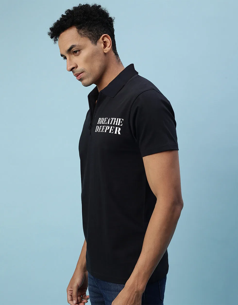 Breath Deeper Black Pocket Typographic Printed Polo T-shirt