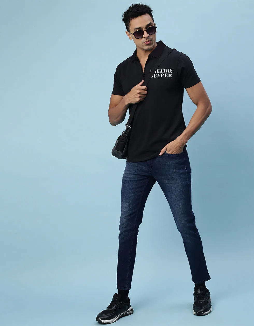 Breath Deeper Black Pocket Typographic Printed Polo T-shirt