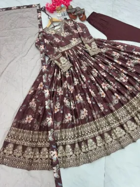 Brown Heavy Crush Pleating Chinon Silk Floral Anarkali Gown Suit Set