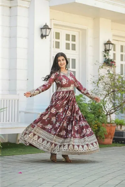 Brown Heavy Crush Pleating Chinon Silk Floral Anarkali Gown Suit Set