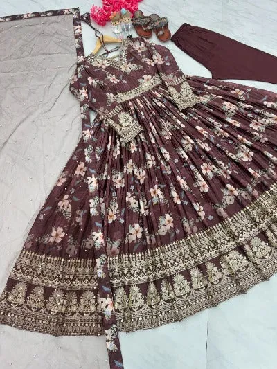 Brown Heavy Crush Pleating Chinon Silk Floral Anarkali Gown Suit Set