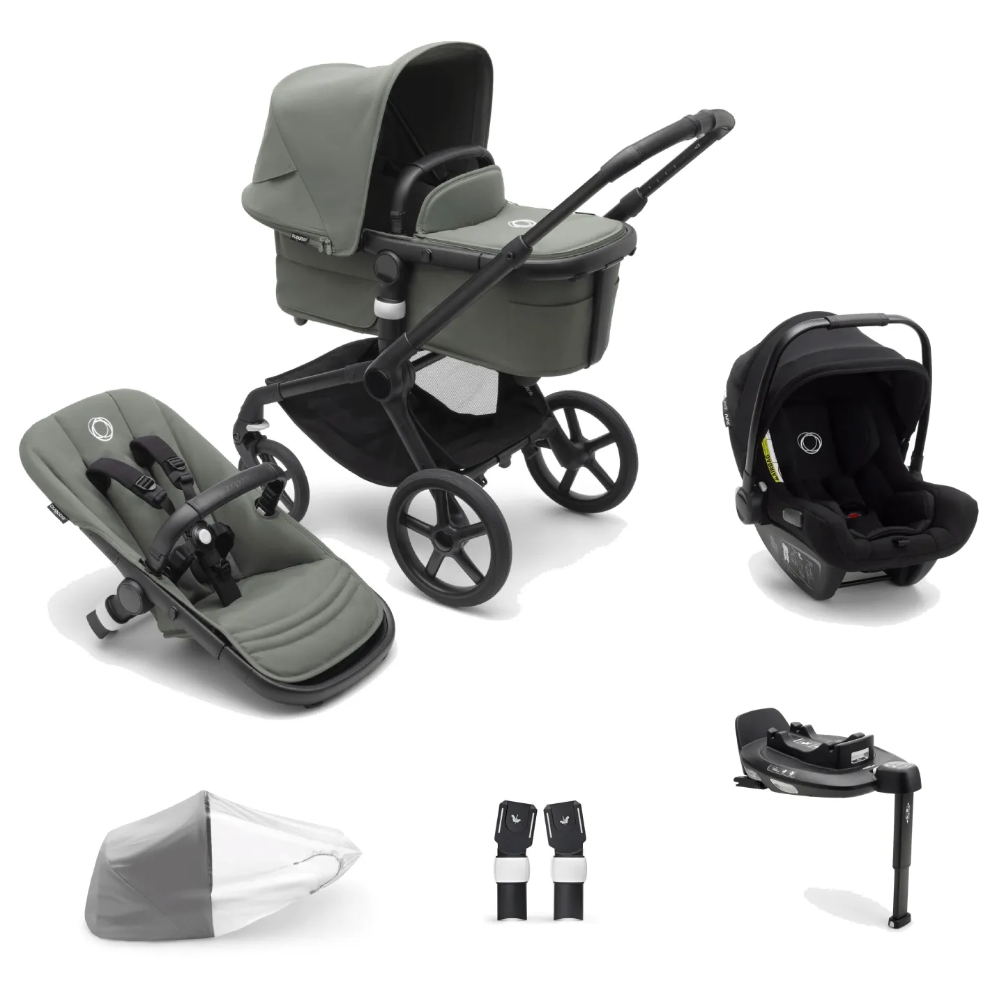 Bugaboo Fox 5, Nuna Turtle and Base Travel System - Black/Forest Green/Forest Green