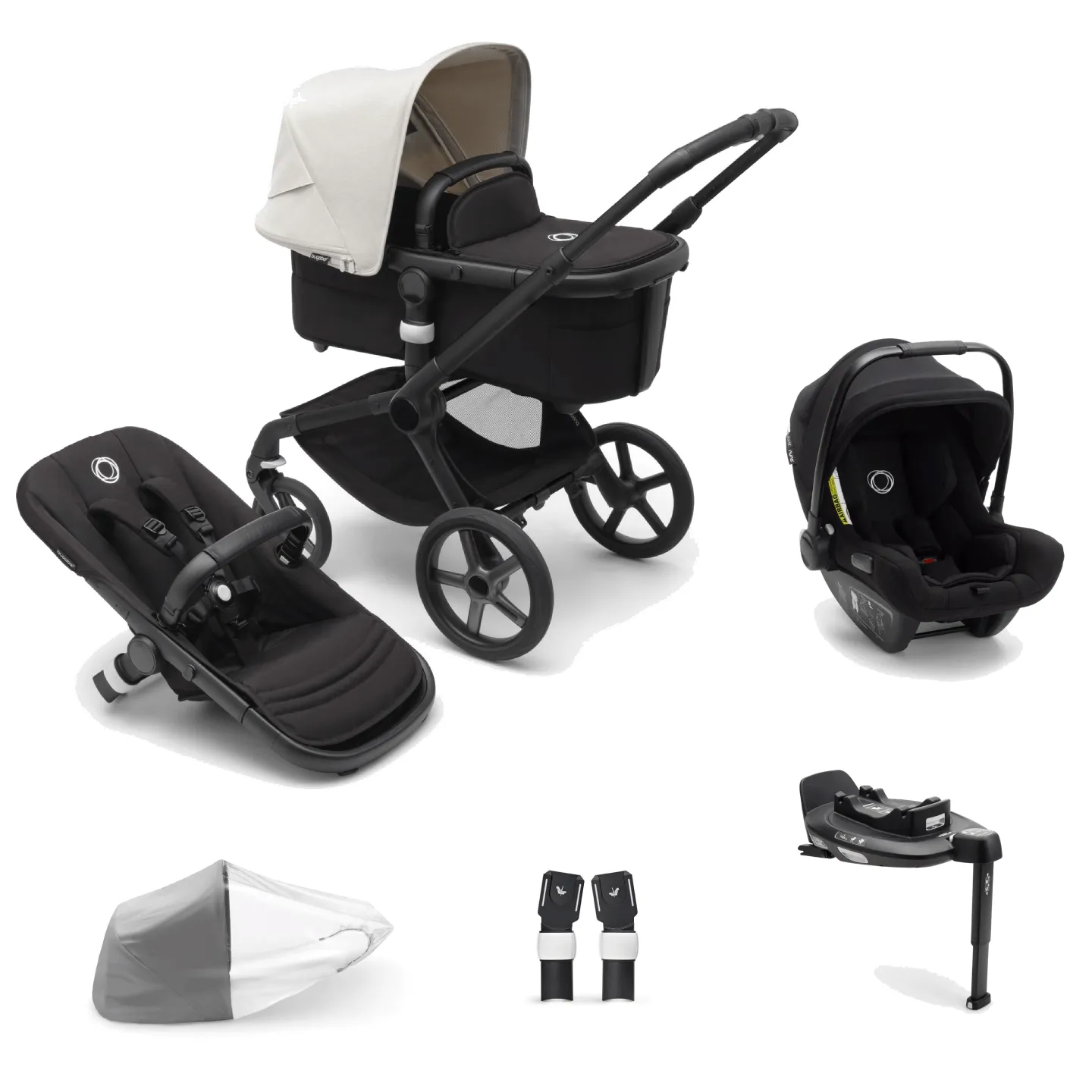 Bugaboo Fox 5, Nuna Turtle and Base Travel System - Black/Midnight Black/Misty White